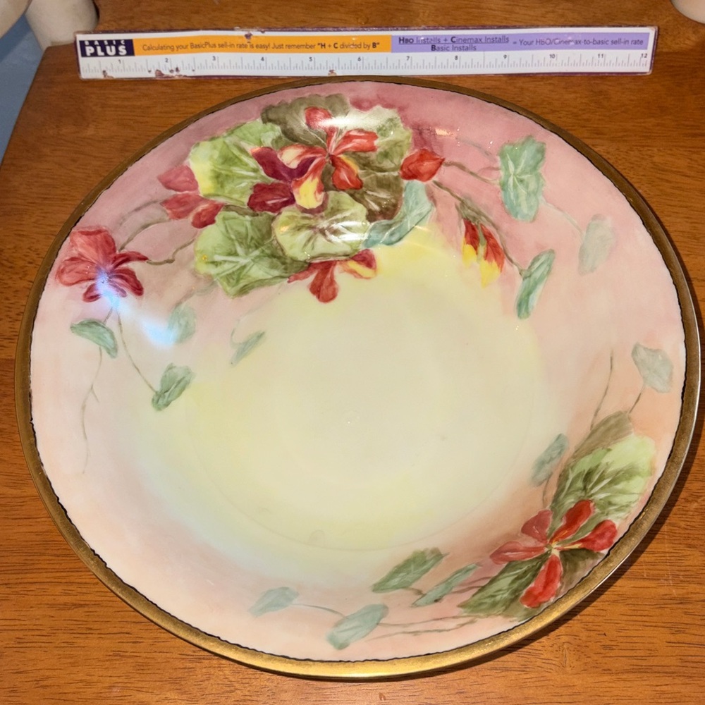 Antique pre-WW1 Floral Pink Gold hand painted Silesian porcelain Bowl sign 1911